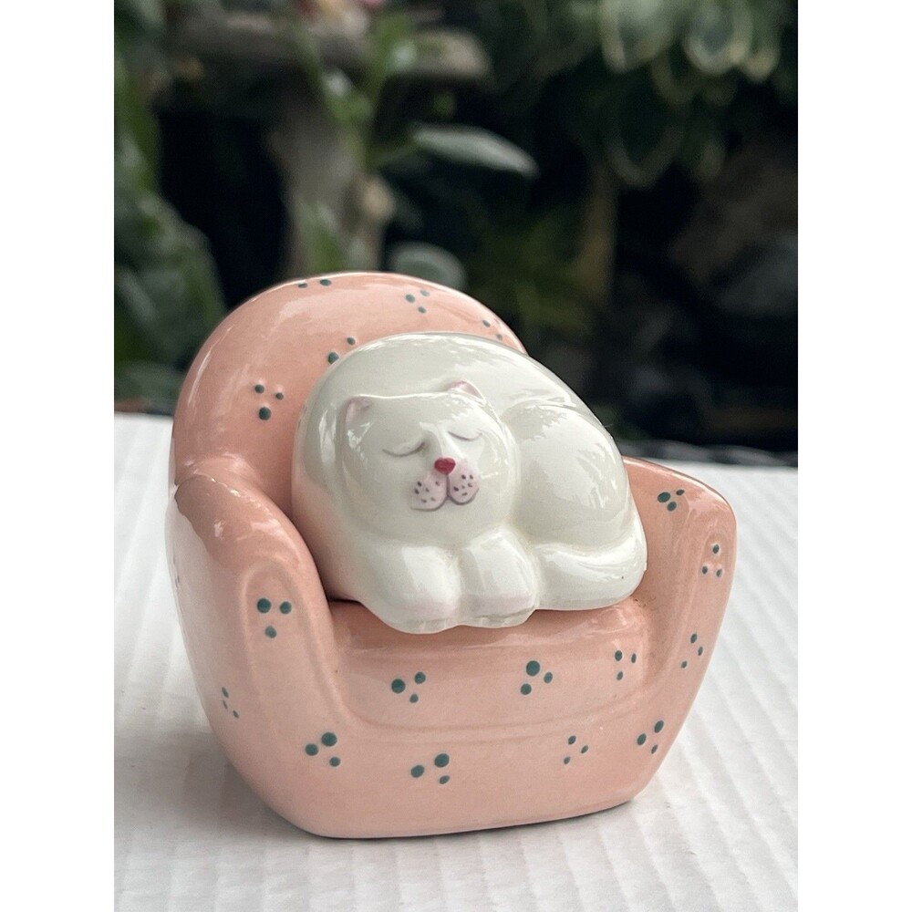 1980 Cozy Kitty Cat in Comfy Pink Chair Salt & Pepper Shakers by Clay Art